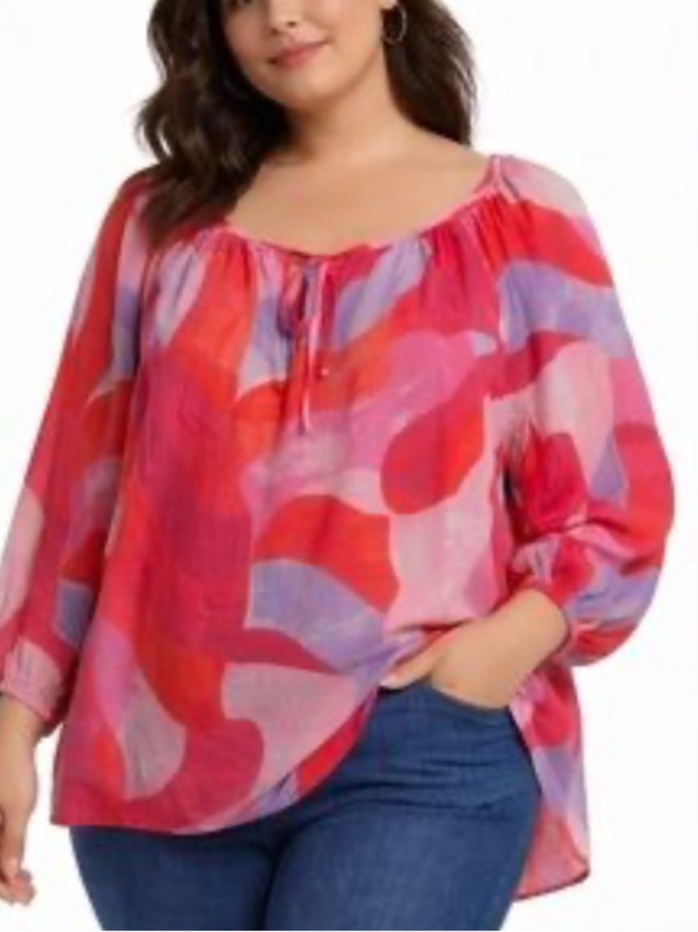Olivia and Martin Pink & Red Abstract Peasant Blouse with Tie Neck